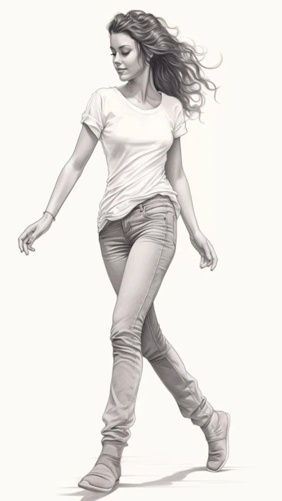 Stylish woman in white t-shirt and jeans walking confidently, line drawing, minimalist art, casual fashion illustration.