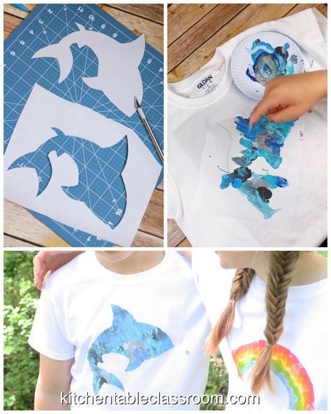 Kids creating DIY shark stenciled T-shirts with blue paint; step-by-step craft project with final results displayed.