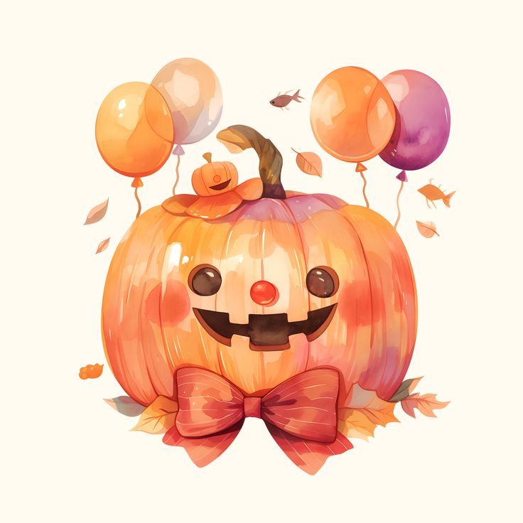 Cute painted pumpkin with a bow tie, balloons, and candy, perfect for a festive Halloween celebration.