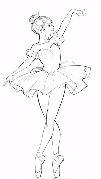 Line art illustration of a graceful ballerina in a tutu, striking an elegant pose on pointe, showcasing ballet dance form.