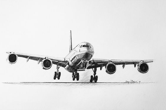 Sketch of an airplane landing, showcasing detailed artistry and precision. Ideal for aviation art lovers and enthusiasts.