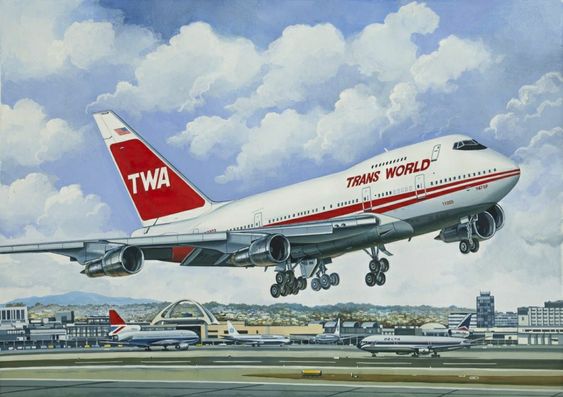 Painting of a TWA Boeing 747 airplane landing at an airport, with other planes and the airport skyline in the background.