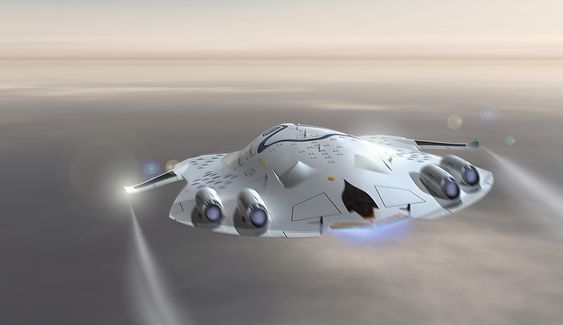 Futuristic spaceship flying in the sky with advanced technology and sleek design amidst a serene background.