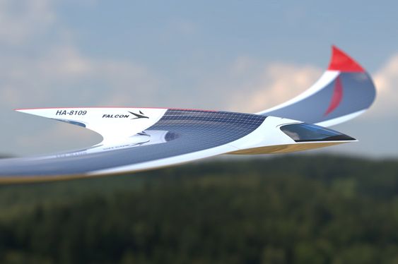 Futuristic drone gliding in the sky with a sleek design and red highlights, labeled HA-8109 Falcon.