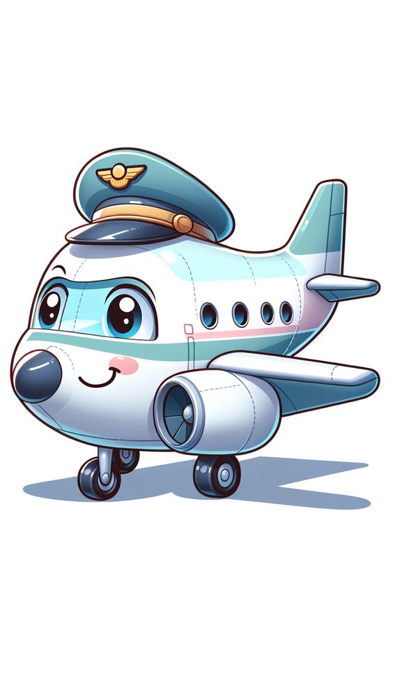 Cute cartoon airplane wearing a pilot hat with a happy smile, isolated on white background.