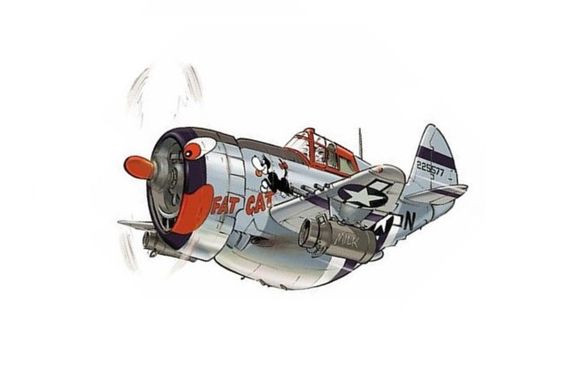 Cartoon fighter plane with Fat Cat logo and pilot, WWII-inspired aircraft design with detailed art and propeller motion.