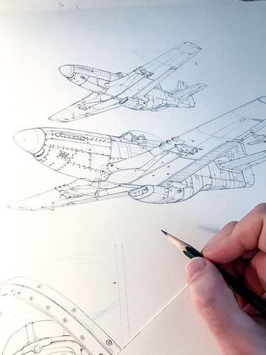 Sketch of two P-51 Mustang airplanes being drawn with a pencil by hand on a white sheet of paper.