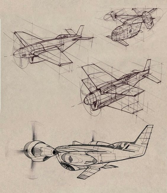 Detailed sketches of an airplane from multiple angles, showcasing the design and structure on a beige background.