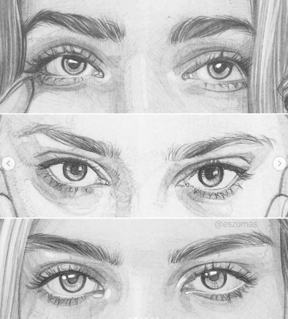 Detailed pencil sketches of expressive eyes. Top: lifelike, Middle: more shaded, Bottom: refined details. @eszumas signature.