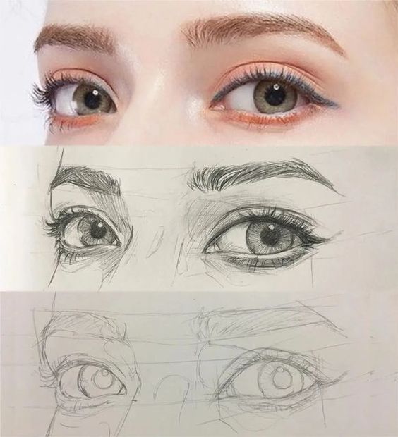 Realistic eye drawing progress: from basic sketch, detailed sketch to final colored drawing. Step-by-step eye art illustration.