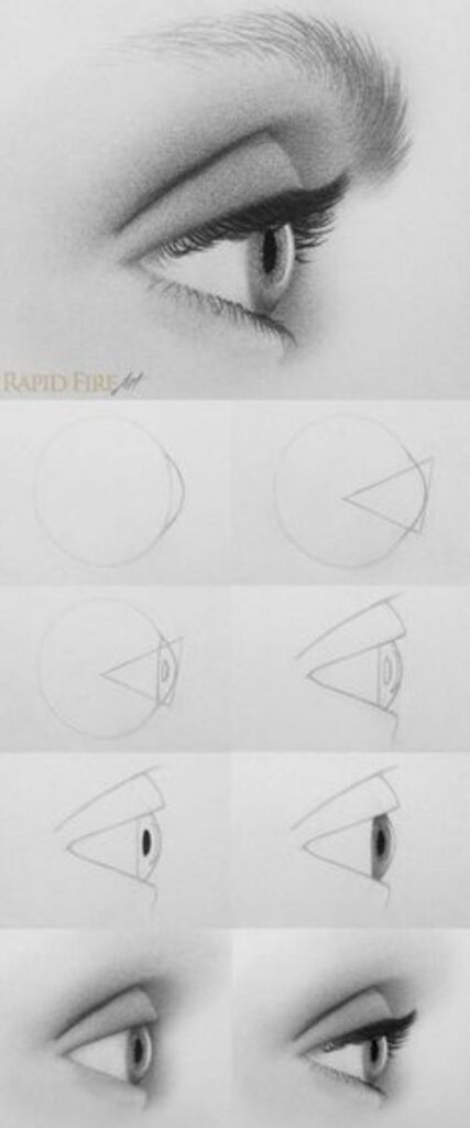 Tutorial for drawing a realistic eye step-by-step, demonstrating the process from sketch to shaded details.