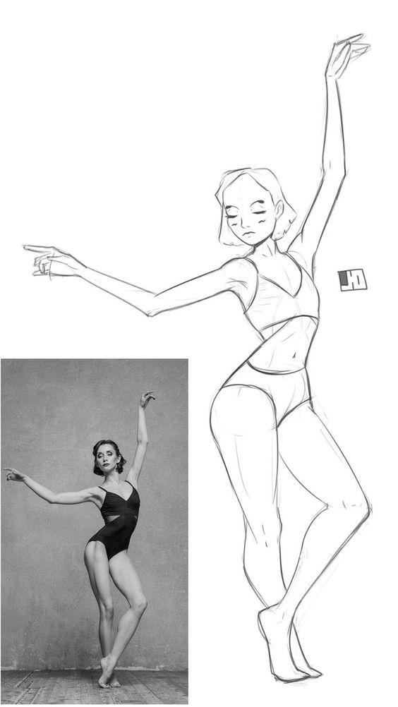 Black and white photo of a ballerina posing and a sketch of the same dancer, capturing graceful movement and elegance.