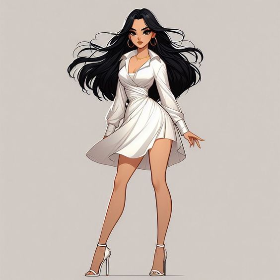 Illustration of a stylish woman in a white dress and high heels, with long black hair flowing. Fashionable and elegant.