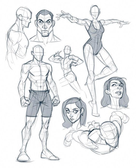 Sketches of human figures in various poses, featuring both male and female characters, with some head and body studies.