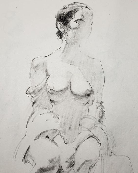 Charcoal sketch of a seated female nude, emphasizing shadows and contours, showcasing artistic techniques and figure drawing skills.