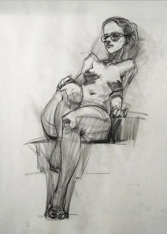 Sketch of a seated woman wearing sunglasses, displaying a relaxed pose and detailed shading, highlighting artistic skills.