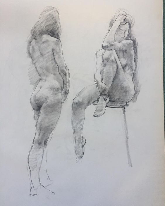 Charcoal sketch of two nude women, one standing and one seated on a stool, expressing contemplative poses.