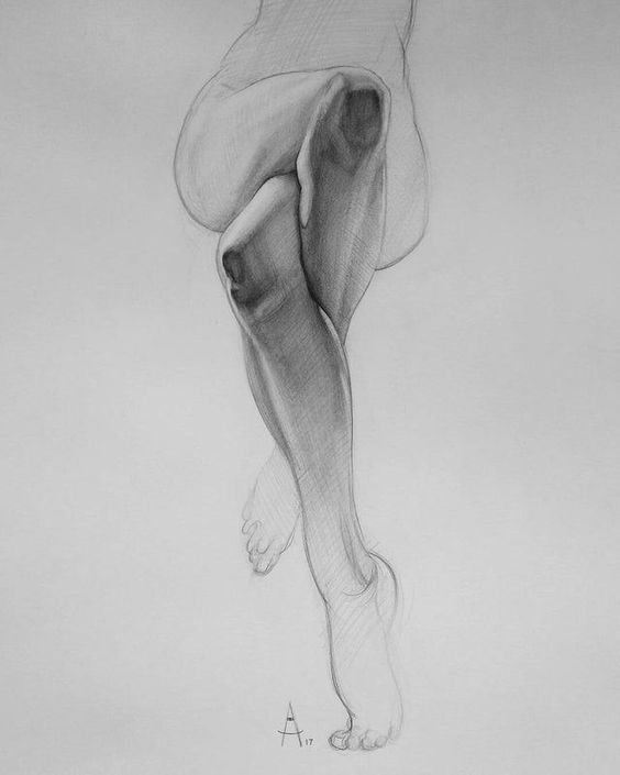 A pencil sketch of crossed human legs, showcasing detailed shading and anatomy, signed with an A and dated 2017.