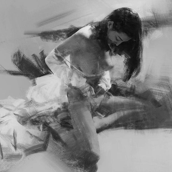 Black and white abstract portrait of a woman seated in contemplation, showcasing expressive brushwork and emotional depth.