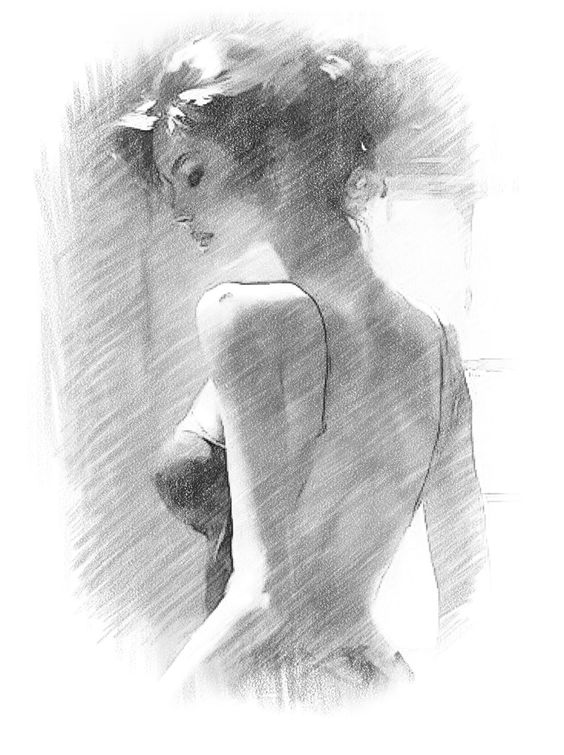 Pencil sketch of a woman in a backless dress, showcasing elegant lines and soft shading, creating a serene, artistic portrait.