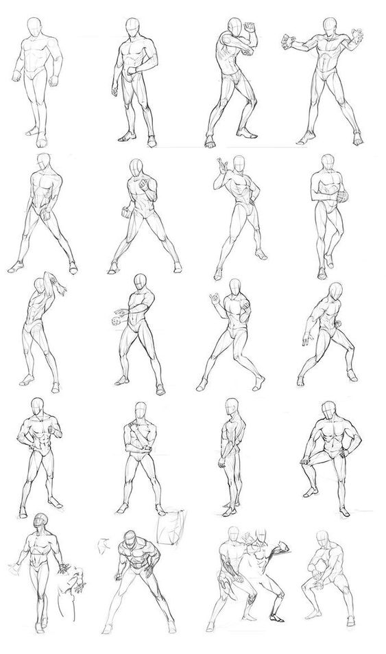 Sketches of male figure drawing poses for artists, featuring dynamic and varied stances for anatomy practice and reference.