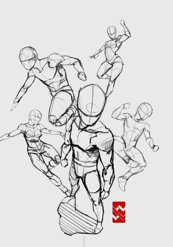 Dynamic superhero character sketch with multiple action poses, showcasing motion and strength in detailed line art.