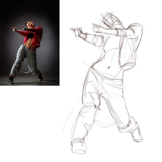 Dance pose inspiration: Side-by-side photo of a dancer in motion and a sketch replicating the dynamic pose.