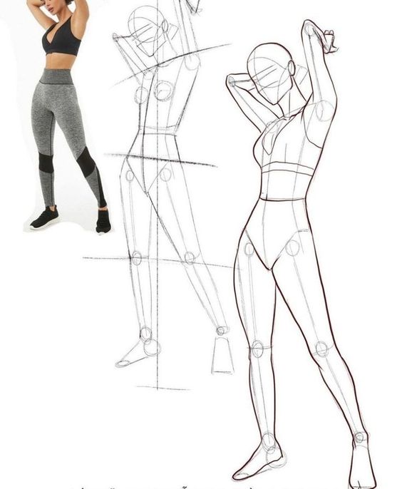 Fitness model in activewear with matching figure sketches, demonstrating pose and anatomy for drawing practice.