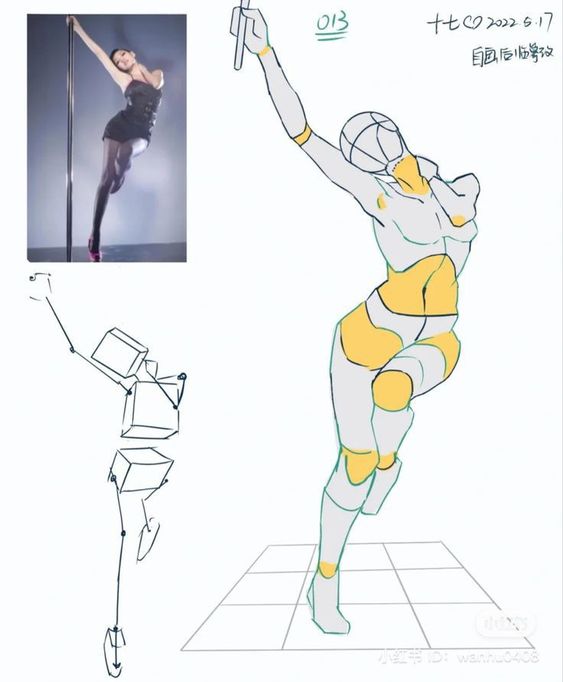 Illustrated female figure practice based on a pole dancer's pose. Sequential sketches show detailed proportions and posture.