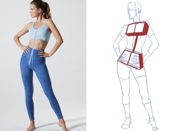 Woman in activewear poses next to a fashion sketch, illustrating clothing design principles and anatomy proportions.