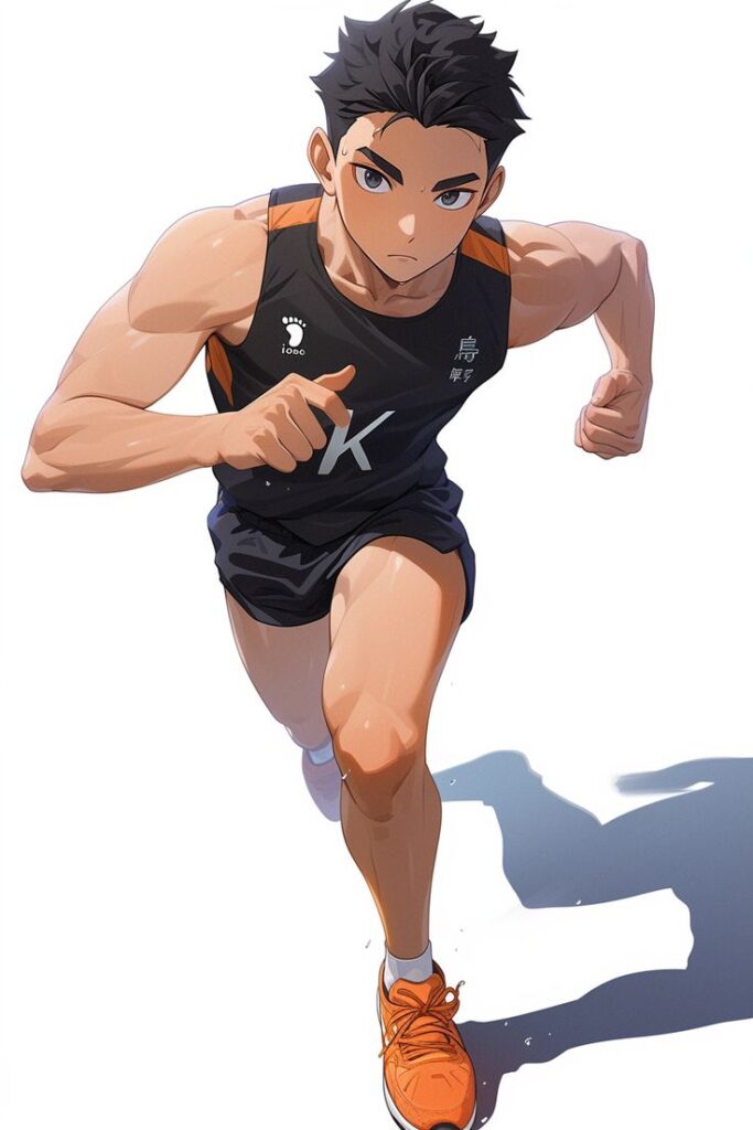 Anime athlete sprinting forward in black sportswear and orange shoes, demonstrating determination and speed.