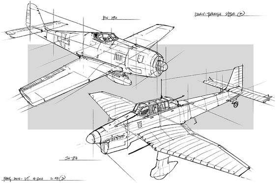 Detailed technical sketches of two vintage fighter planes, showcasing aircraft design and engineering. Black and white line art.