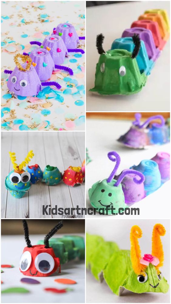 Colorful egg carton caterpillar craft for kids with googly eyes, pipe cleaners, and paint on Kidsartncraft.com.