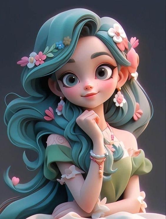 Animated girl with teal hair adorned with flowers, wearing a green dress, smiling charmingly against a dark background.