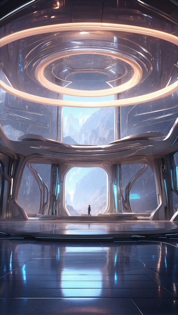 Futuristic architecture with glowing rings, spacious interior, and a person gazing at a mountainous landscape in the distance.