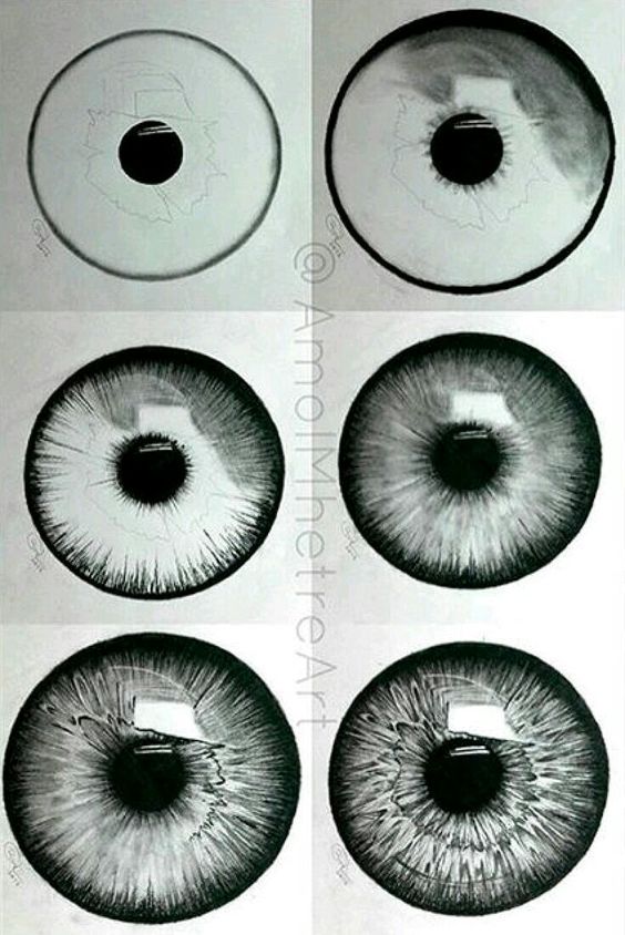 Step-by-step drawing of a detailed human eye, showcasing hyperrealistic shading and texturing techniques in six stages.