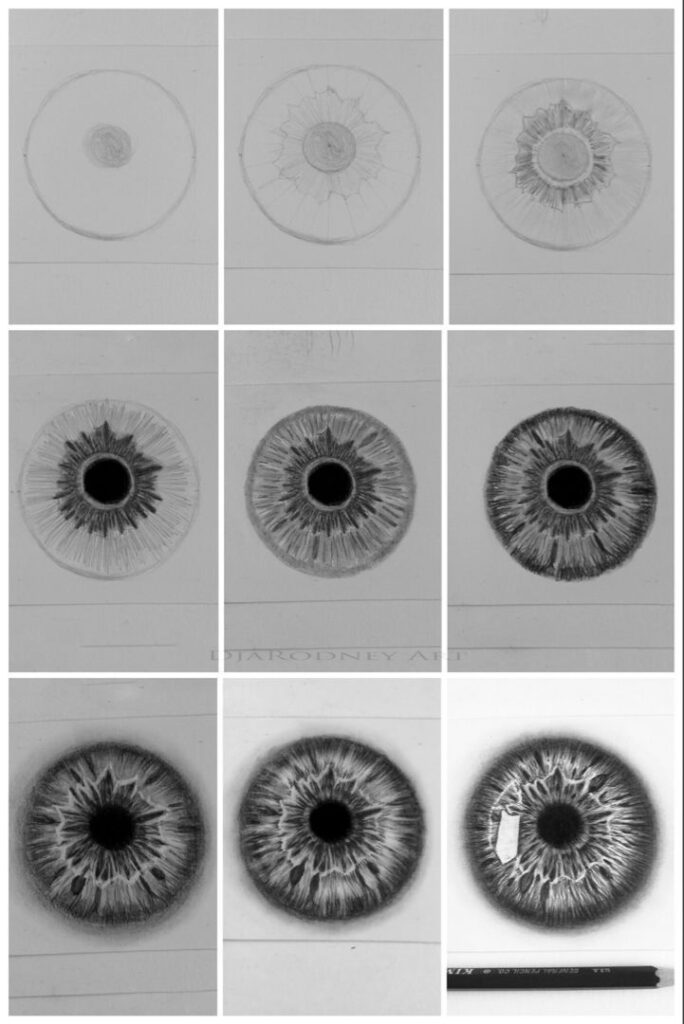 Step-by-step hyperrealistic eye drawing progression from basic outline to detailed iris completion in pencil sketches.