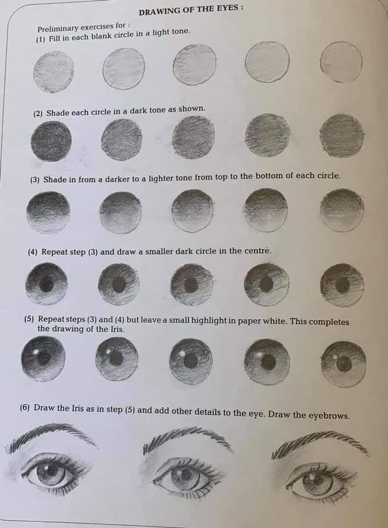 Step-by-step drawing guide showing how to create realistic eyes with shading techniques and eyebrow details.