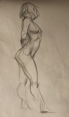 Sketch of a standing human figure in profile, showcasing body contours and posture in a pencil drawing on paper.