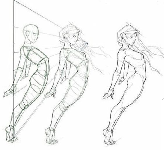 Three stages of a leaning female figure sketch progression, from initial structure to detailed anatomy.