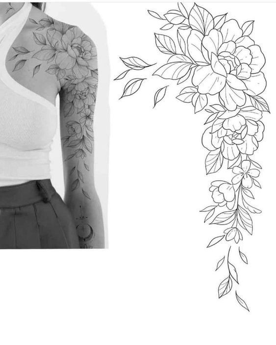 Woman with floral tattoo on arm, wearing white top and dark skirt, and matching floral tattoo sketch for design ideas.