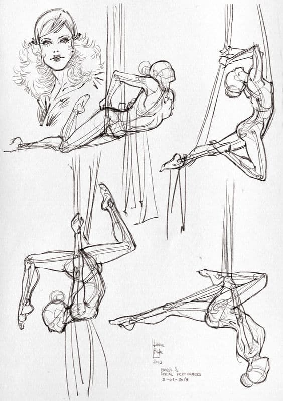 Sketches of a woman performing aerial silk acrobatics with a detailed face drawing above using pencil lines.