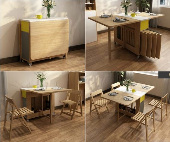 Modular dining table setup with foldable chairs; space-saving furniture ideal for small apartments and multifunctional spaces.