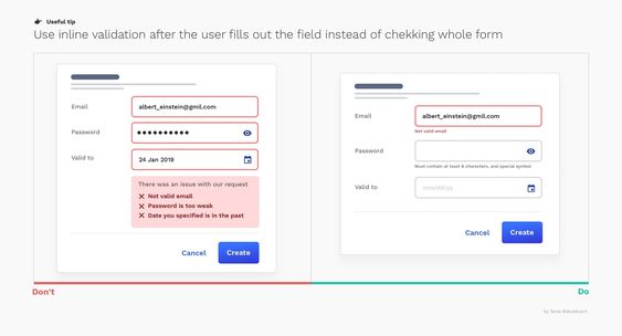 Inline validation example: Don't with multiple errors, Do verifies inputs individually, ensuring a smooth user experience in forms.