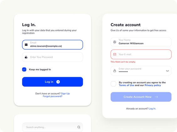 Login and Create Account interface showing email and password fields, with an error message displayed for an empty email field.