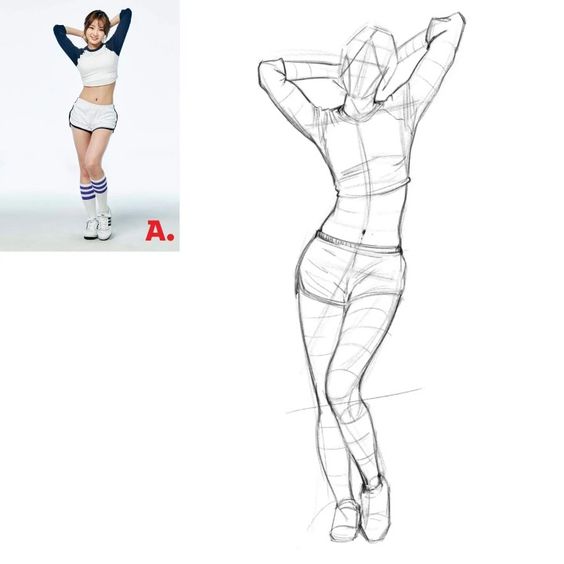 Side-by-side comparison of a woman in sportswear and a detailed sketch of her pose with hands on her head.