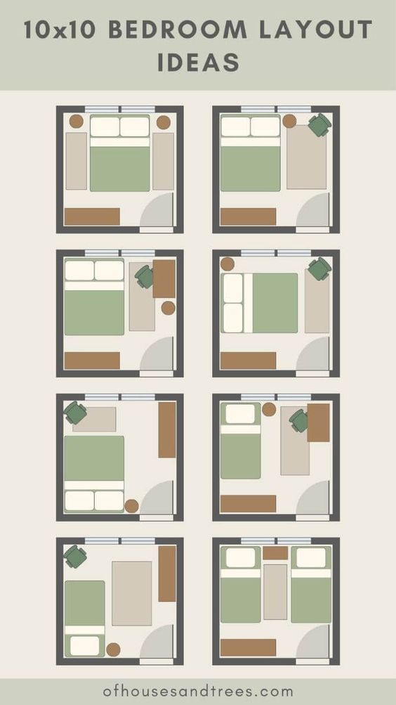 10x10 bedroom layout ideas: nine different room arrangements with bed, nightstand, and desk configurations for small spaces.