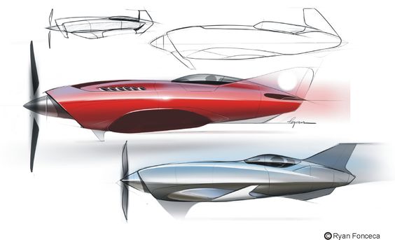 Concept sketches of futuristic aircraft, one red and one blue, with detailed design and aerodynamic shape.