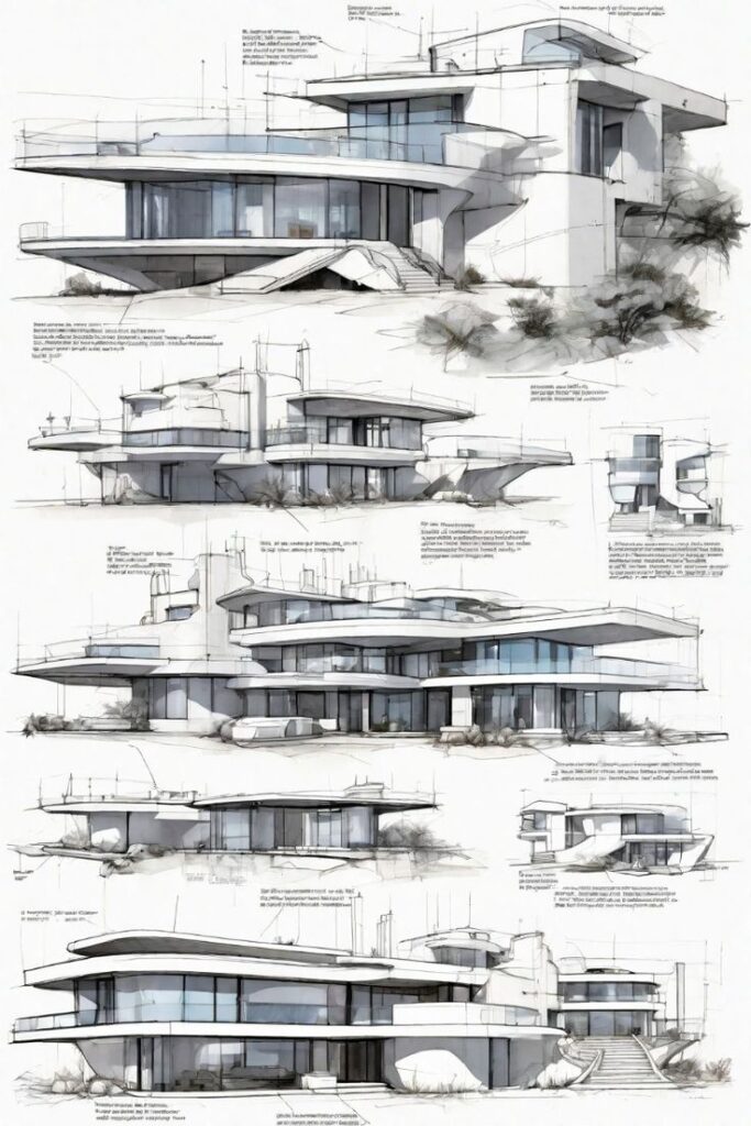 Architectural sketches showcasing modern building designs with glass facades, unique shapes, and structural details.