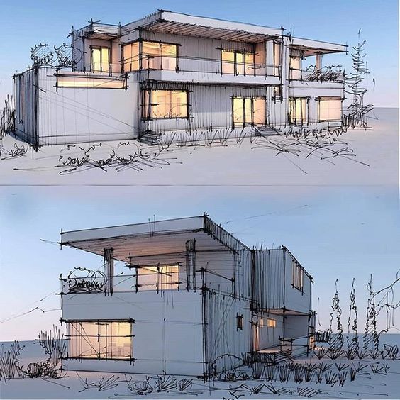 Architectural sketch showcasing a modern two-story house design with large windows and outdoor spaces, illuminated at dusk.